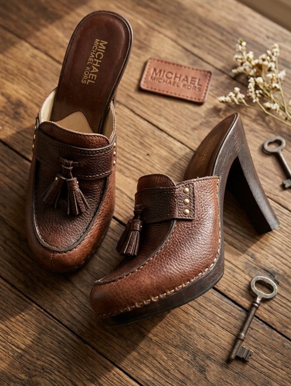MICHAEL KORS Brown leather western clog mule style high heels w tassel 7.5
